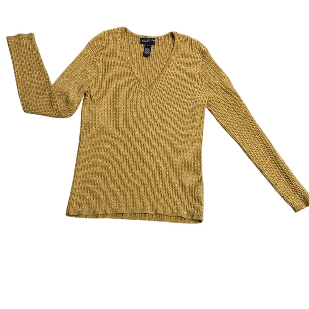 Jones New York Signature sweater long sleeve v neck gold sparkle woman’s size XL
